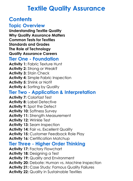 Textile Quality Assurance Worksheet Activity Booklet