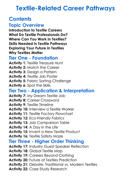 Textile-Related Career Pathways Worksheet Activity Booklet