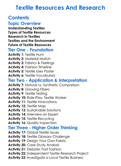Textile Resources And Research Worksheet Activity Booklet