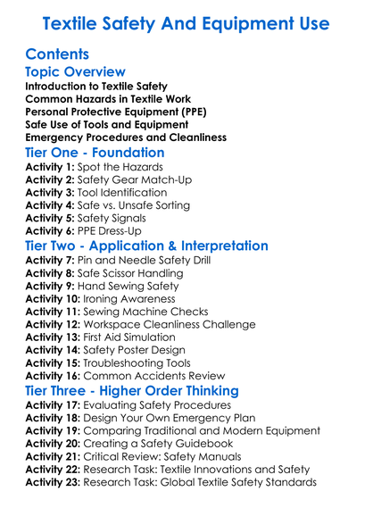 Textile Safety And Equipment Use Worksheet Activity Booklet