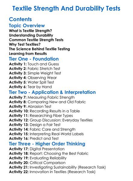 Textile Strength And Durability Tests Worksheet Activity Booklet