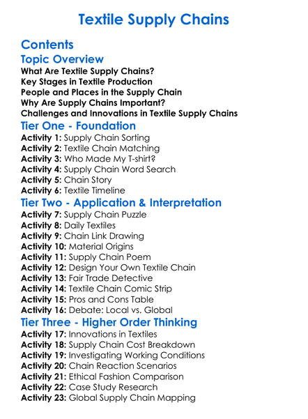 Textile Supply Chains Worksheet Activity Booklet