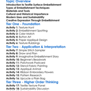 Textile Surface Embellishment Worksheet Activity Booklet