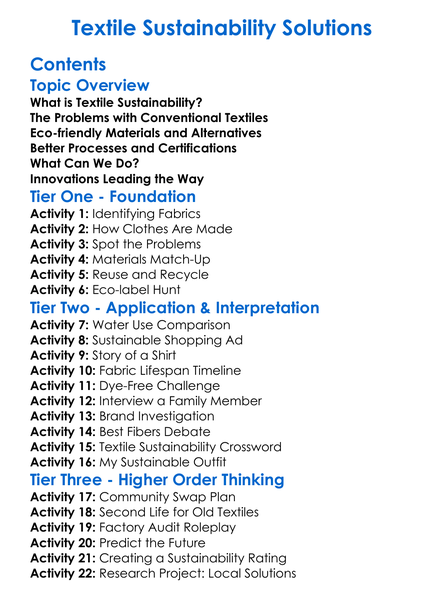 Textile Sustainability Solutions Worksheet Activity Booklet
