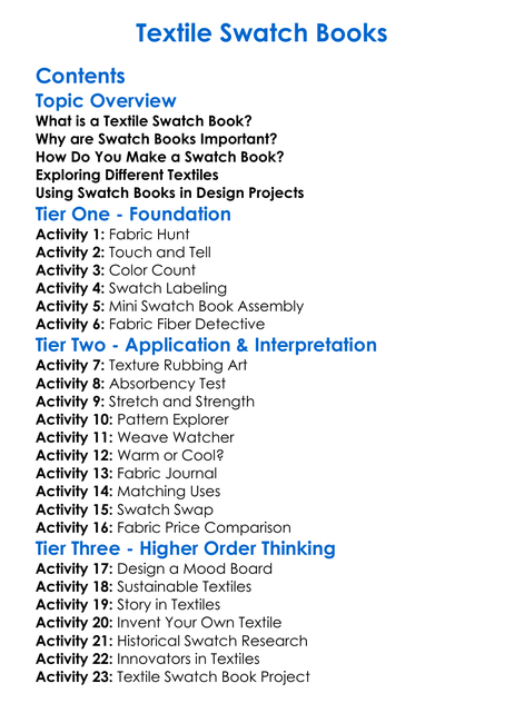 Textile Swatch Books Worksheet Activity Booklet