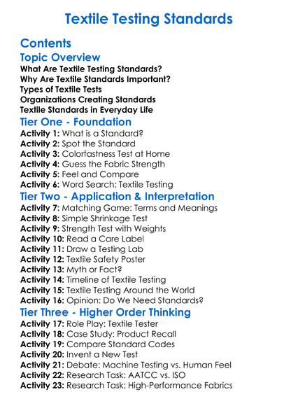 Textile Testing Standards Worksheet Activity Booklet