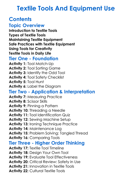 Textile Tools And Equipment Use Worksheet Activity Booklet