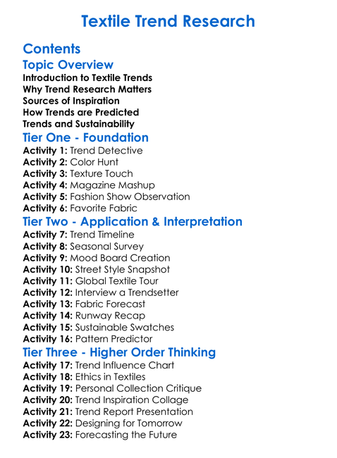 Textile Trend Research Worksheet Activity Booklet