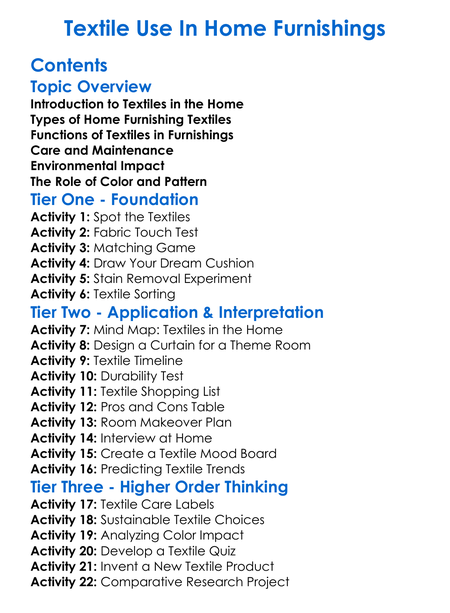 Textile Use In Home Furnishings Worksheet Activity Booklet