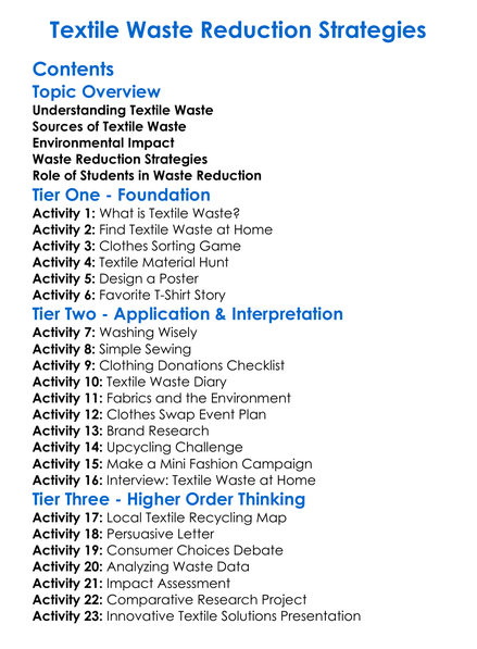 Textile Waste Reduction Strategies Worksheet Activity Booklet