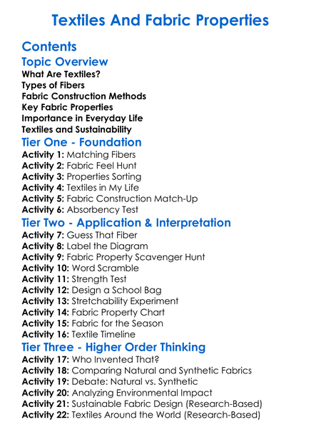 Textiles And Fabric Properties Worksheet Activity Booklet