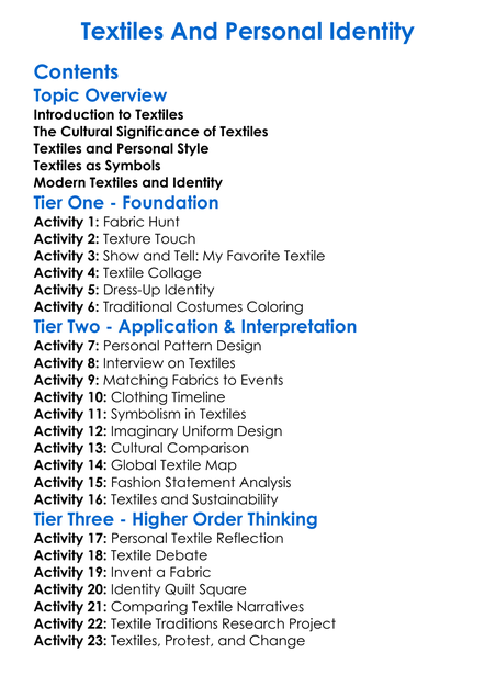 Textiles And Personal Identity Worksheet Activity Booklet
