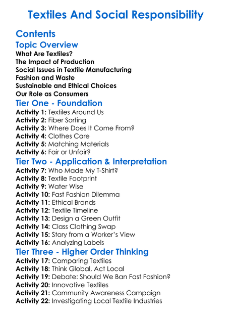 Textiles And Social Responsibility Worksheet Activity Booklet