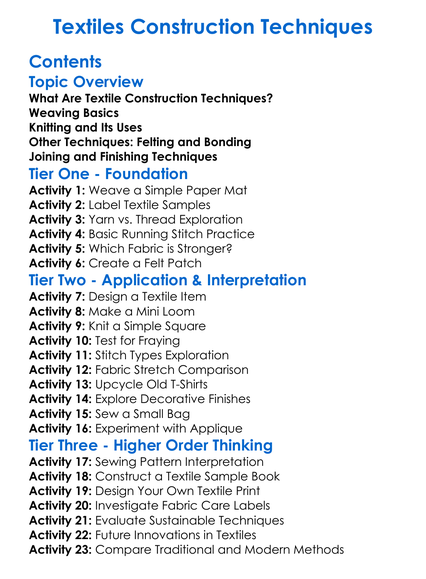 Textiles Construction Techniques Worksheet Activity Booklet
