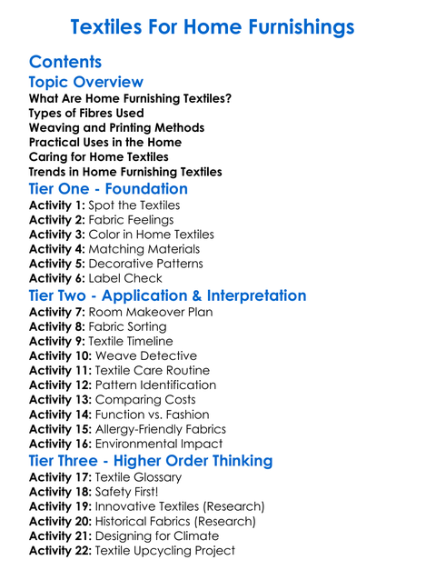 Textiles For Home Furnishings Worksheet Activity Booklet