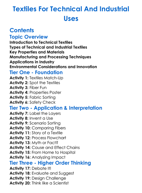 Textiles For Technical And Industrial Uses Worksheet Activity Booklet