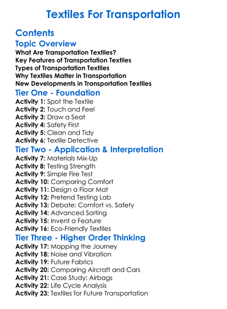 Textiles For Transportation Worksheet Activity Booklet