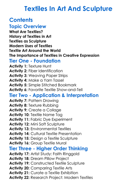 Textiles In Art And Sculpture Worksheet Activity Booklet