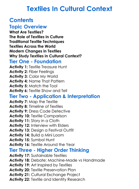 Textiles In Cultural Context Worksheet Activity Booklet