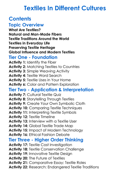 Textiles In Different Cultures Worksheet Activity Booklet