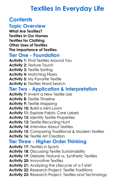 Textiles In Everyday Life Worksheet Activity Booklet