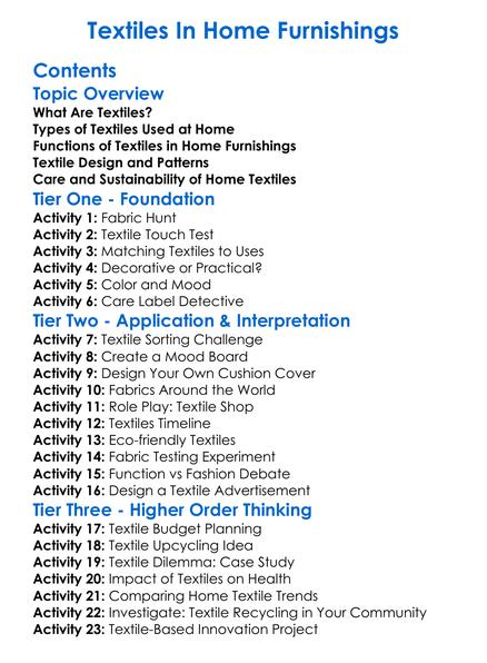 Textiles In Home Furnishings Worksheet Activity Booklet