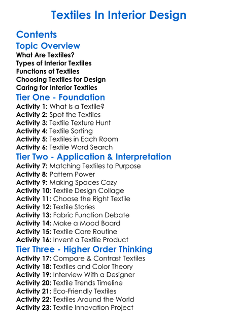 Textiles In Interior Design Worksheet Activity Booklet
