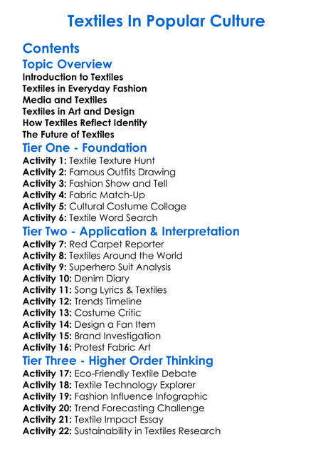 Textiles In Popular Culture Worksheet Activity Booklet