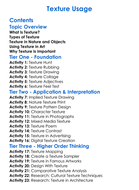 Texture Usage Worksheet Activity Booklet
