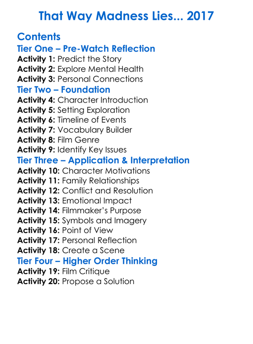 That Way Madness Lies 2017 Worksheet Activity Booklet