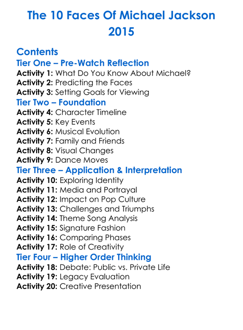 The 10 Faces Of Michael Jackson 2015 Worksheet Activity Booklet