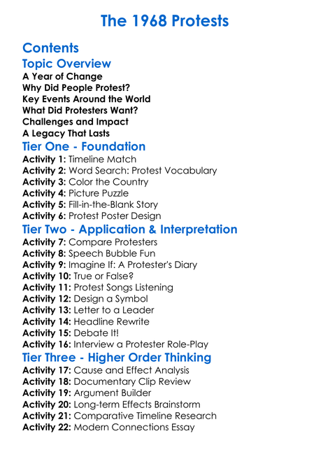 The 1968 Protests Worksheet Activity Booklet