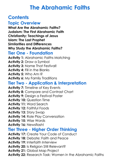 The Abrahamic Faiths Worksheet Activity Booklet
