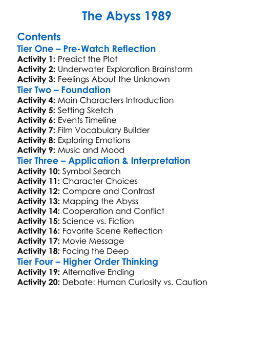 The Abyss 1989 Worksheet Activity Booklet