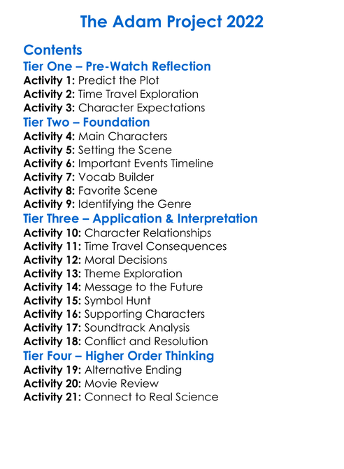 The Adam Project 2022 Worksheet Activity Booklet