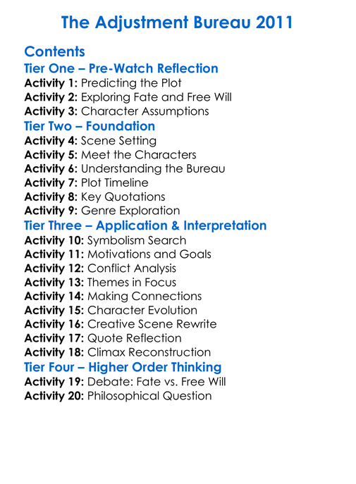 The Adjustment Bureau 2011 Worksheet Activity Booklet