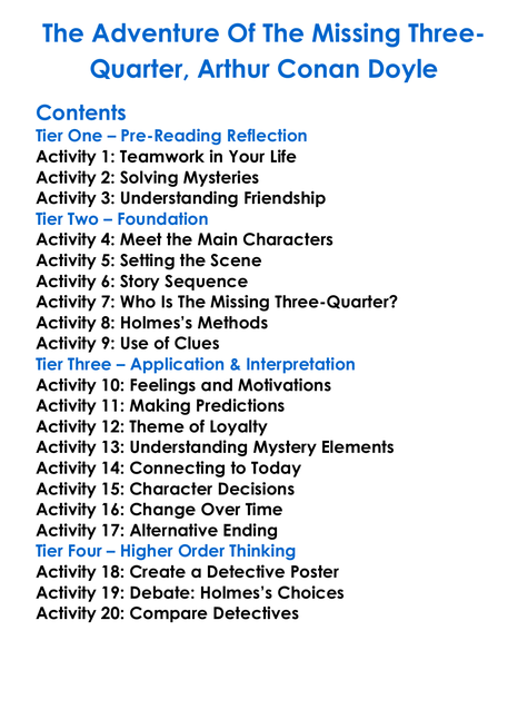 The Adventure Of The Missing Three-Quarter Arthur Conan Doyle Worksheet Activity Booklet