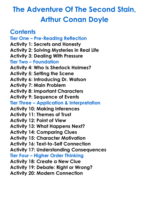 The Adventure Of The Second Stain Arthur Conan Doyle Worksheet Activity Booklet