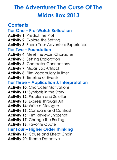 The Adventurer The Curse Of The Midas Box 2013 Worksheet Activity Booklet