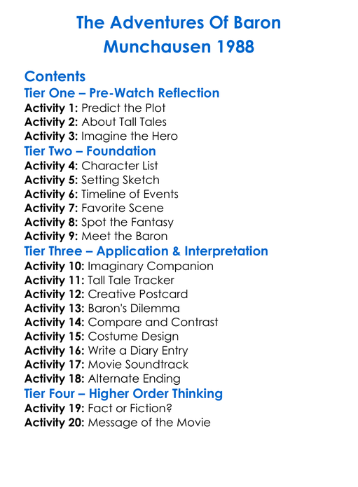 The Adventures Of Baron Munchausen 1988 Worksheet Activity Booklet