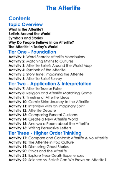 The Afterlife Worksheet Activity Booklet