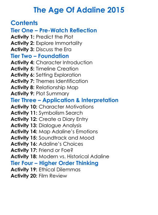 The Age Of Adaline 2015 Worksheet Activity Booklet