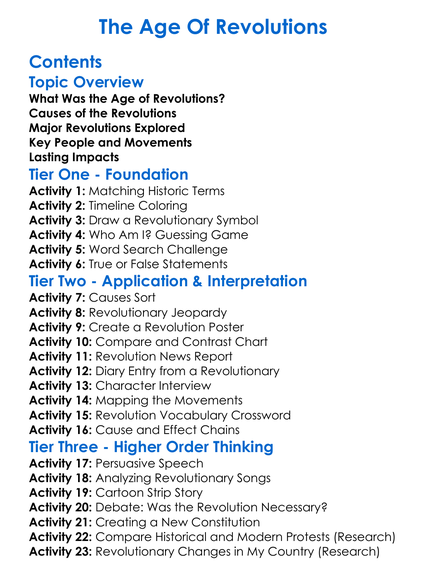 The Age Of Revolutions Worksheet Activity Booklet