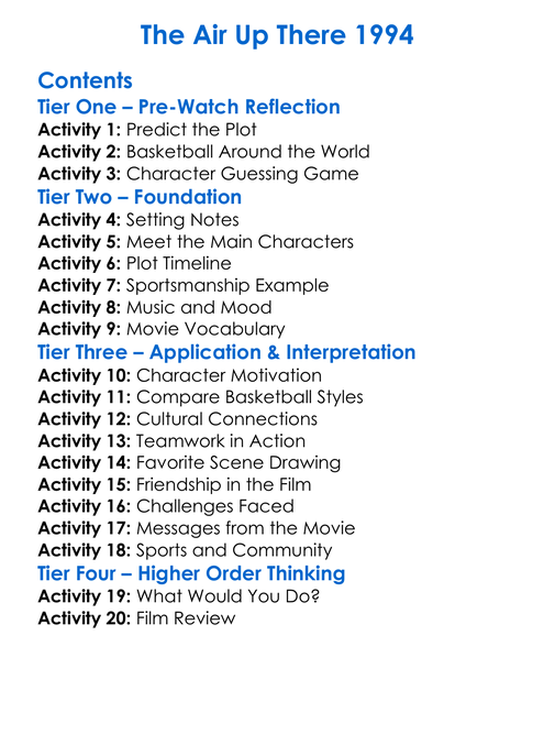 The Air Up There 1994 Worksheet Activity Booklet
