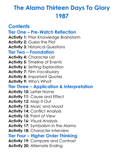 The Alamo Thirteen Days To Glory 1987 Worksheet Activity Booklet