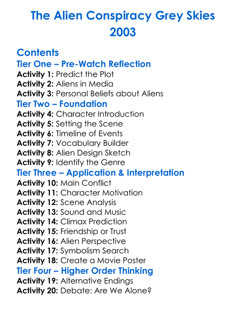 The Alien Conspiracy Grey Skies 2003 Worksheet Activity Booklet