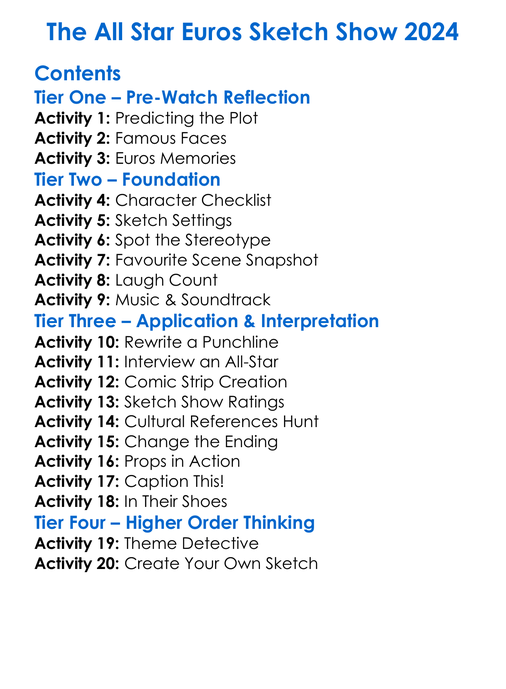 The All Star Euros Sketch Show 2024 Worksheet Activity Booklet