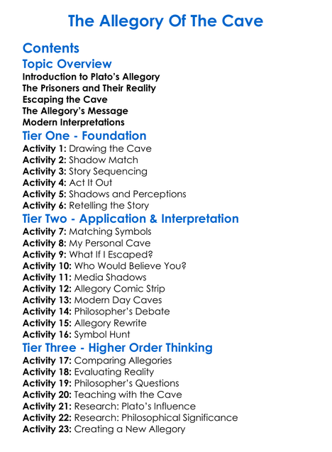 The Allegory Of The Cave Worksheet Activity Booklet