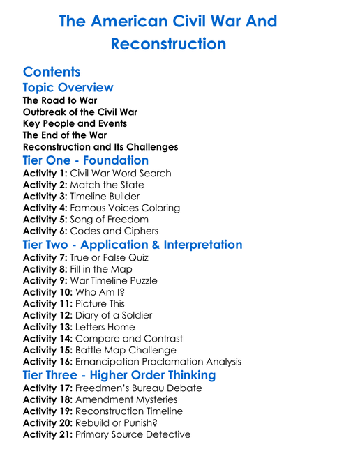 The American Civil War And Reconstruction Worksheet Activity Booklet