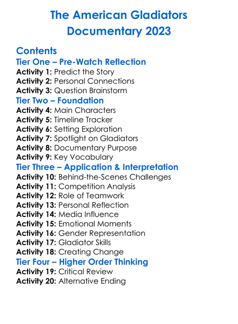 The American Gladiators Documentary 2023 Worksheet Activity Booklet